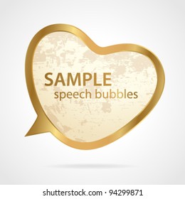 White speech bubble in golden frame. Heart shape. Used grunge texture. Useful for websites, blogs, web ad, or different designs. Isolated Vector illustration on white background EPS 10