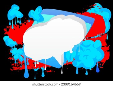 White Speech Bubble Graffiti with black red and blue Background. Urban painting style backdrop. Abstract discussion symbol in modern dirty street art decoration.
