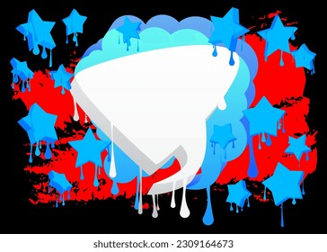 Graffiti de burbujas del discurso blanco con fondo negro rojo y azul. Fondo de estilo de pintura urbana. Símbolo abstracto de discusión en la moderna decoración de arte callejero sucio.