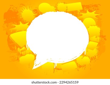 White Speech Bubble Graffiti on yellow Background. Urban painting style backdrop. Abstract discussion symbol in modern dirty street art decoration.