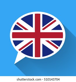 White speech bubble with Great Britain flag and long shadow on blue background. English language conceptual illustration.