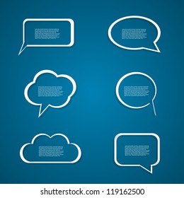 White Speech Bubble Icons on Blue Background. Vector Set for Communication, UI, Messaging and Design Use. This design is suitable for communication-themed graphics, messaging apps, or infographics. 