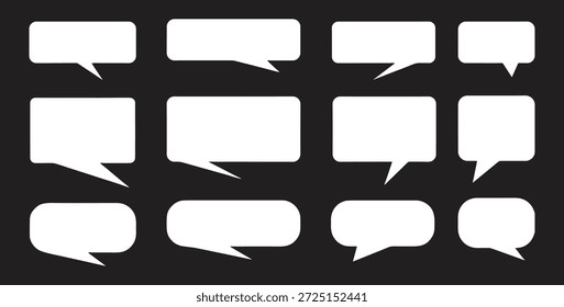Iconos blancos de la burbuja del discurso fijados en el fondo oscuro. Formas de chat, diálogo y mensajes en estilo plano limpio con espacio vacío para texto. Símbolos de comunicación para IU, App, Web, redes sociales y Diseño gráfico.