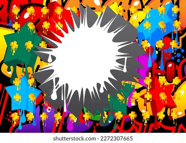 White speech bubble on colorful Graffiti background. Abstract modern street art decoration performed in urban painting style.