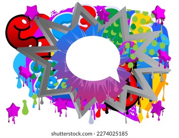 Burbuja del discurso blanco sobre el colorido fondo del graffiti. Resumen de la decoración de arte callejero moderno con un estilo de pintura urbano.