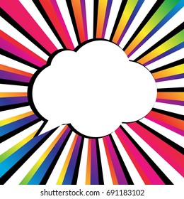 White speech bubble on colorful sunburst background. Cartoon pop art template for message, text on rainbow stripe pattern wallpaper. EPS10 vector illustration for pop art, comic, poster, template.