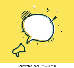 White speech bubble and outline black megaphone in paper cut art. Memphis style banner with geometric shapes on yellow background. Vector sticker with place for promotion text, price tag, sale ad