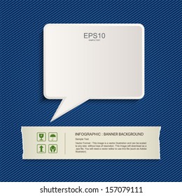 White speech bubble and paper banner on blue jeans texture background - Vector illustration
