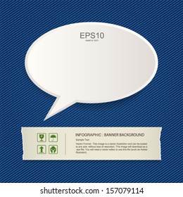 White speech bubble and paper banner on blue jeans texture background - Vector illustration