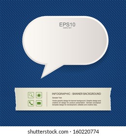 White speech bubble and paper banner on blue jeans texture background - Vector illustration