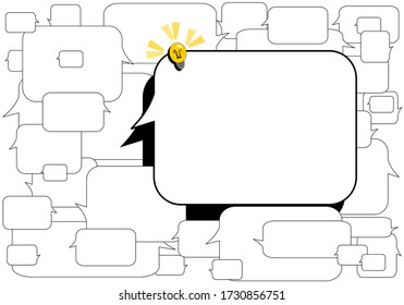 White speech bubble pattern with space for text and yellow light bulb idea vector.