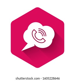 White Speech bubble with phone call icon isolated with long shadow. Pink hexagon button. Vector Illustration