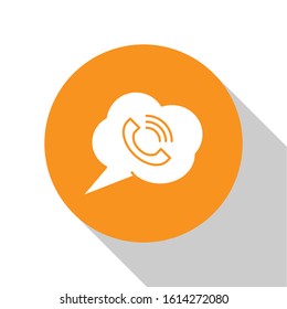 White Speech bubble with phone call icon isolated on white background. Orange circle button. Vector Illustration