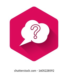 White Speech bubble and Question icon isolated with long shadow. FAQ sign. Copy files, chat speech bubble and chart. Pink hexagon button. Vector Illustration