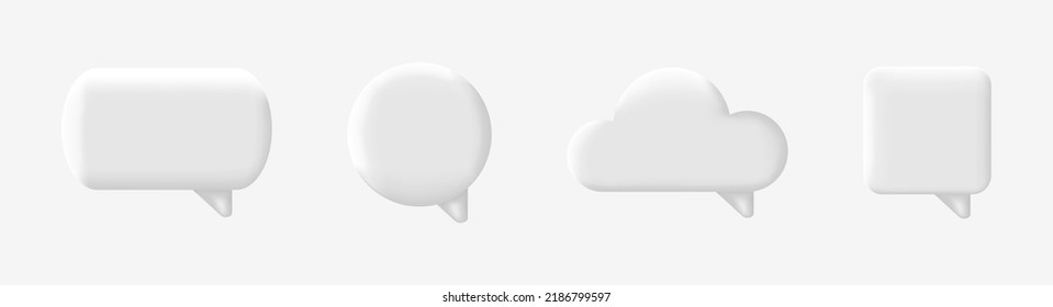 Juego de burbujas de habla blanca. Cartel de los medios sociales. Icono de mensaje de conversación. 3d cuadro de texto. Cartel de los medios sociales. Globo cuadrado de comentarios. Marco de diálogo comercial. Etiqueta de voz. La nube es una señal. Ilustración vectorial.