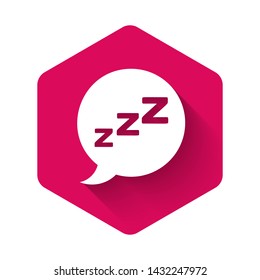 White Speech bubble with snoring icon isolated with long shadow. Concept of sleeping, insomnia, alarm clock app, deep sleep, awakening. Pink hexagon button. Vector Illustration