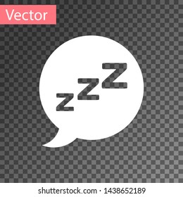 White Speech bubble with snoring icon isolated on transparent background. Concept of sleeping, insomnia, alarm clock app, deep sleep, awakening.  Vector Illustration