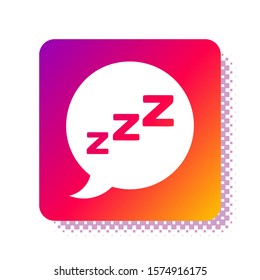 White Speech bubble with snoring icon isolated on white background. Concept of sleeping, insomnia, alarm clock app, deep sleep, awakening. Square color button. Vector Illustration