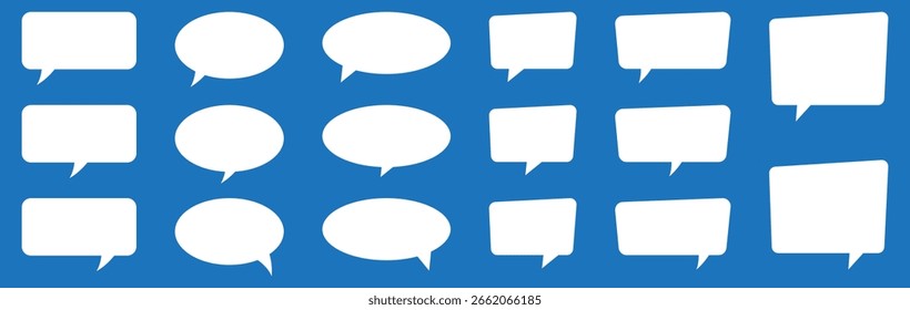 Bolha de fala branca e formas de bolhas de pensamento em estilo cômico. Caixas de texto em branco para comunicação, narrativa, histórias em quadrinhos e design gráfico.