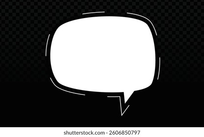 White speech bubble vector with a message bubble on a dark checkered transparent background. Realistic 3D speech, perfect for chat bubbles, communication icons, or modern designs with a blank bubble.