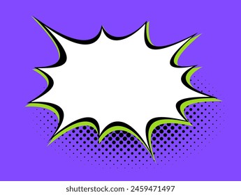 Una burbuja de habla blanca con un fondo violeta vibrante, acentuado con sombras de semitonos verdes y bordes puntiagudos, perfecto para expresiones gráficas animadas.