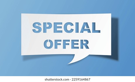 Burbuja del discurso blanco con palabras con una oferta especial sobre fondo azul. Oferta especial - pancarta, burbuja de voz, etiqueta, pegatina, plantilla de cinta. Ilustración del vector