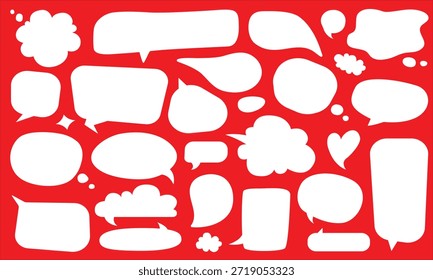  Burbujas blancas del discurso, globos de la charla e íconos de las nubes del pensamiento en diversas Formas aisladas en el fondo rojo.
