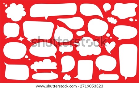  white speech bubbles, chat balloons and thought clouds icons in various shapes isolated on red background.
