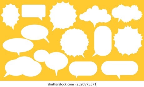 White speech bubbles and clouds on bright yellow background create vibrant and playful design. These elements can be used for various creative projects, adding fun touch to any visual communication.