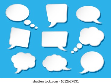 White speech bubbles collection on blue background. Blank empty speech bubbles for your text. Vector illustration