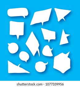 White Speech Bubbles collection in paper cut style with shadows on sky blue.