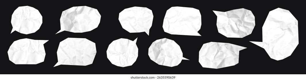 White speech bubbles cut out of crumpled paper trendy elements set. Dotted halftone social media clip art, modern retro vector illustration for mixed media design isolated on black background