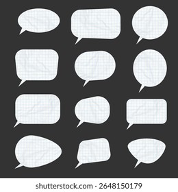 Burbujas blancas del discurso cortadas del papel arrugado con el modelo del cuaderno de las líneas de las matemáticas en una jaula aislada en fondo negro. Ilustración vectorial de medios sociales.