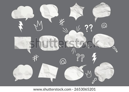 white speech bubbles cut out of crumpled paper trendy elements set. Social media clip art, modern retro vector illustration for mixed media design