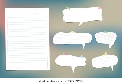 White speech bubbles note, copybook, notebook paper with dashed line stuck on colorful background.