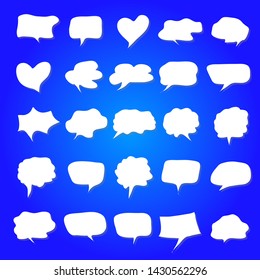 white speech bubbles on a blue background.