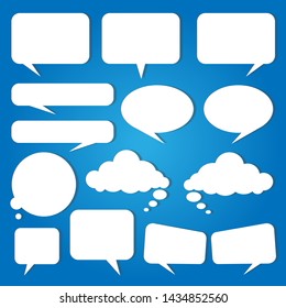 White speech bubbles on a blue background.