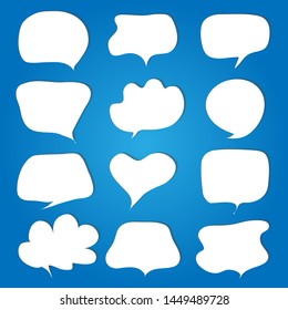 white speech bubbles on a blue background.