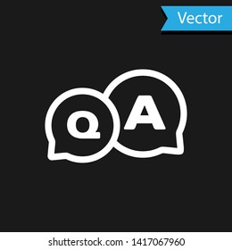 White Speech bubbles with Question and Answer icon isolated on black background. Q and A symbol. FAQ sign. Chat speech bubble and chart.  Vector Illustration