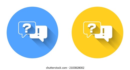 White Speech bubbles with Question and Answer icon isolated with long shadow background. Q and A symbol. FAQ sign. Chat speech bubble and chart. Circle button. Vector