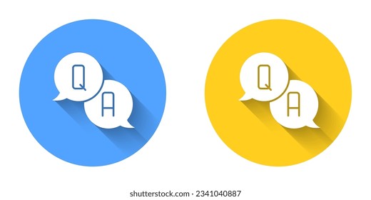 White Speech bubbles with Question and Answer icon isolated with long shadow background. Q and A symbol. FAQ sign. Chat speech bubble and chart. Circle button. Vector