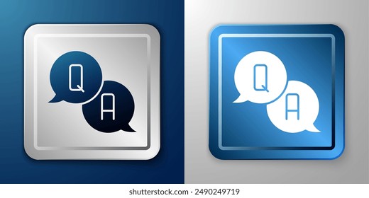 White Speech bubbles with Question and Answer icon isolated on blue and grey background. Q and A symbol. FAQ sign. Chat speech bubble and chart. Silver and blue square button. Vector