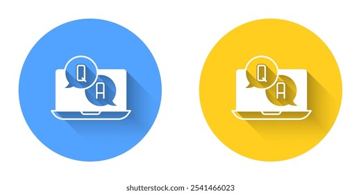 White Speech bubbles with Question and Answer icon isolated with long shadow background. Q and A symbol. FAQ sign. Chat speech bubble and chart. Circle button. Vector