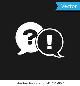 White Speech bubbles with Question and Exclamation icon isolated on black background. FAQ sign. Copy files, chat speech bubble and chart.  Vector Illustration