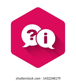 White Speech bubbles with Question and Exclamation icon isolated with long shadow. FAQ sign. Copy files, chat speech bubble and chart. Pink hexagon button. Vector Illustration