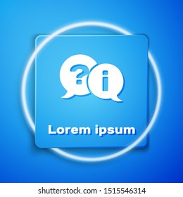 White Speech bubbles with Question and Exclamation icon isolated on blue background. FAQ sign. Copy files, chat speech bubble and chart. Blue square button. Vector Illustration