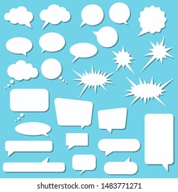 White speech bubbles set isolated on blue background. Vector illustration. Blank empty talk and think bubbles collection. Cloud message or memo stickers for communication.