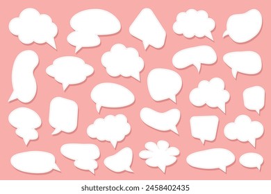 White speech bubbles set in various shapes like circle, cloud, oval, rectangle. Doodle empty message box icons set