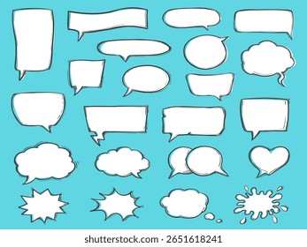 bolhas de fala brancas e nuvens de pensamento, retangulares, circulares, elípticas, formas tipo nuvem, e uma forma de coração, cada um contornado com traços pretos, estilo cômico, para design gráfico, modelo