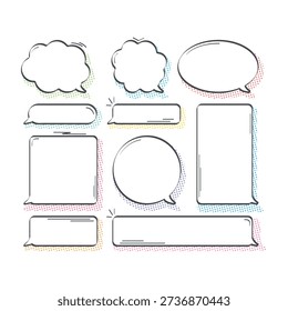 White speech bubbles of various shapes and sizes with black outline and colorful halftone dot shadow. Vector, scalable without quality loss
